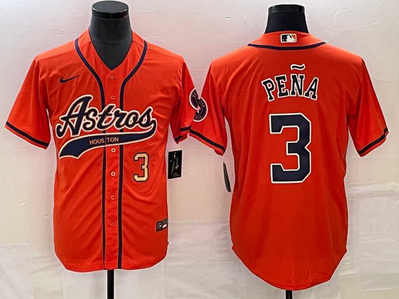 Men%27s Houston Astros #3 Jeremy Pena Number Orange With Patch Cool Base Stitched Baseball Jersey